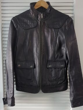 Calvin Klein women's Medium Black Leather Moto Zip-Front Jacket